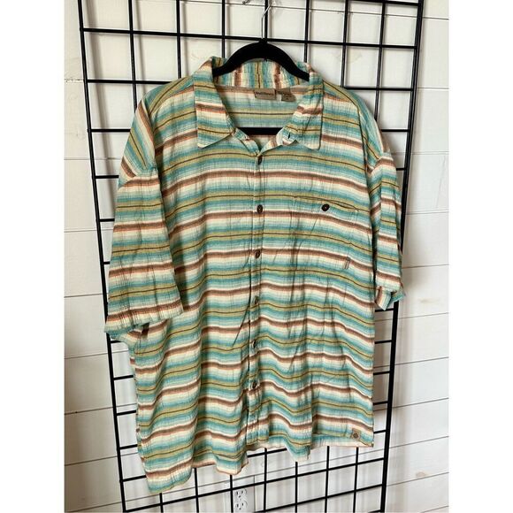 Ruff Hewn Shirt Mens XL Turquoise Tan Striped Hawaiian Button Up SS Beach - Picture 5 of 12